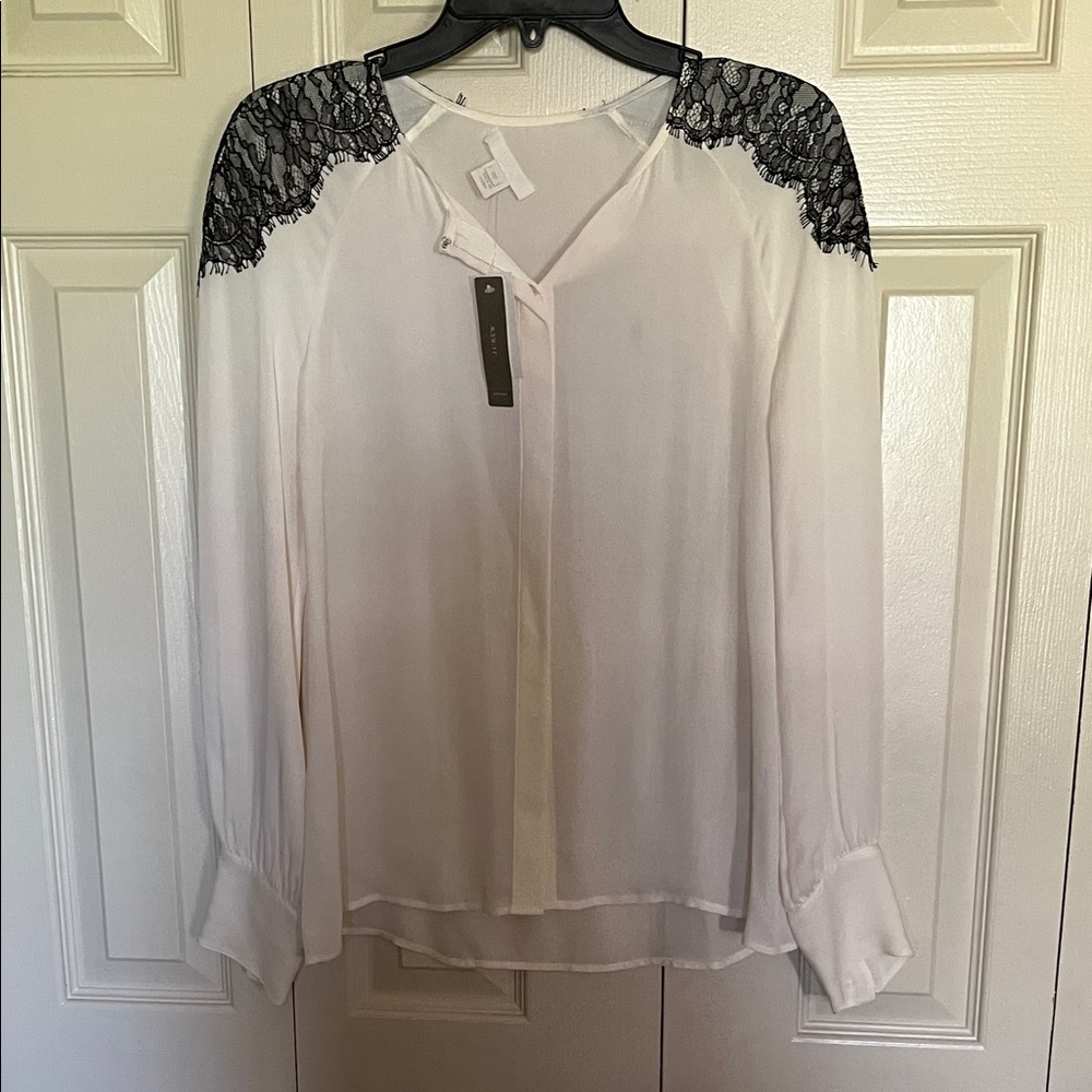 J. Crew Pale Pink Blouse with Black Lace Shoulders
